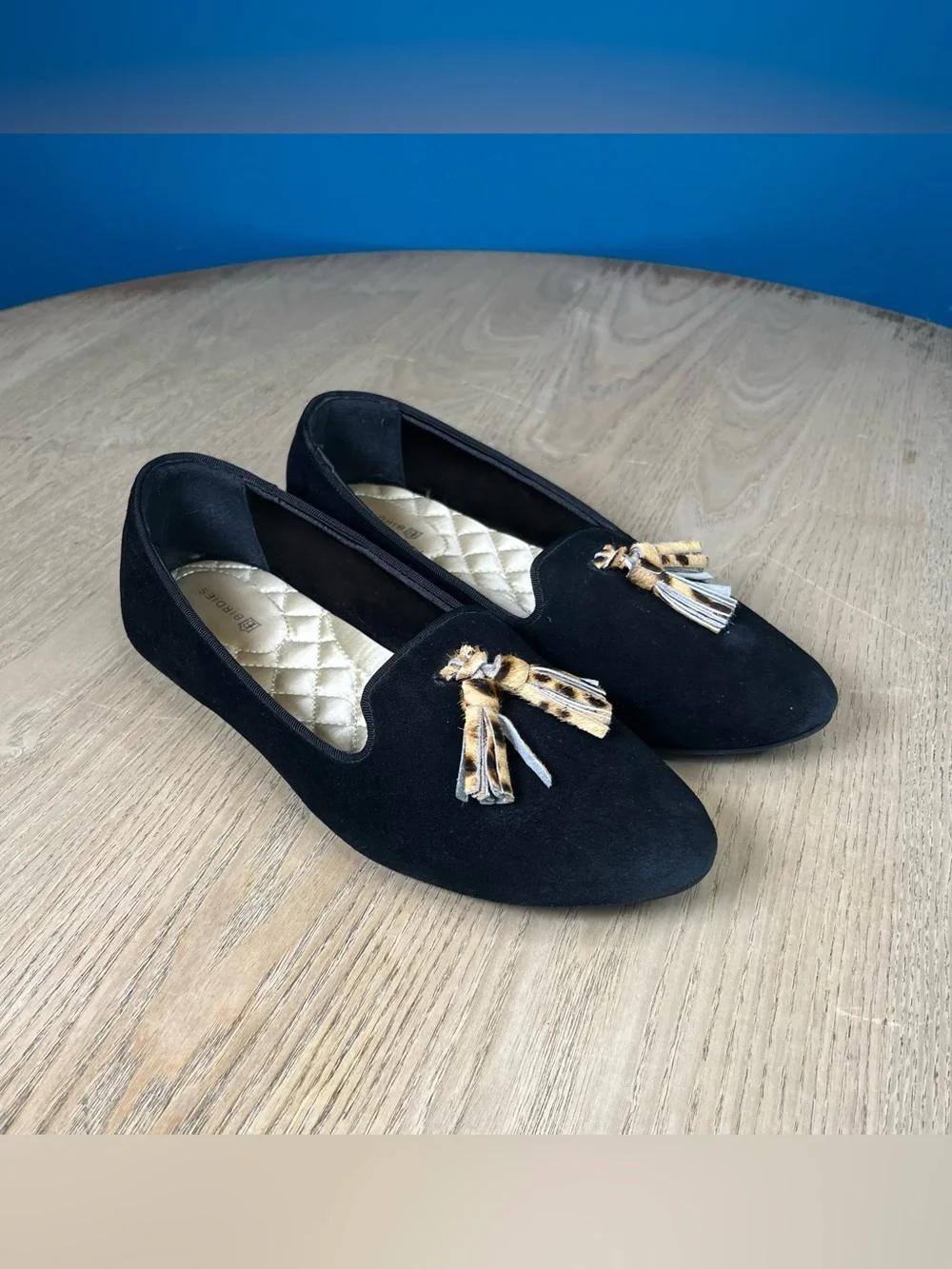 Birdies The Blackbird Black Velvet Leopard Tassel Loafers Women’s Size 8